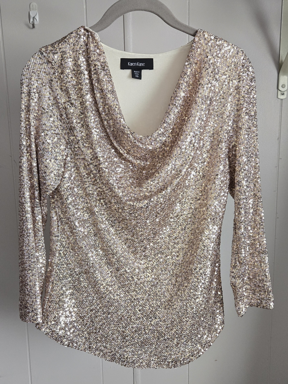 Karen Kane Rose Gold Sequin Draped Cowl-Neck Long Sleeve Top